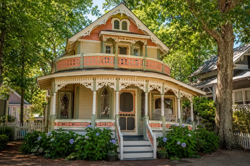 Clean restored gingerbread cottage exterior Oak Bluffs after professional soft washing