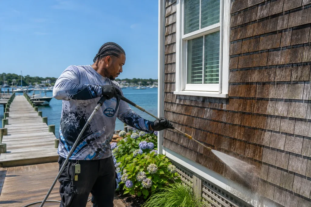 Vineyard Power Washing technician applying soft wash solution to waterfront home exterior Martha's Vineyard
